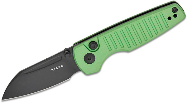 Parakeet Button Lock [Milled Green Aluminum Handle] Pocket Knife [2.46" Black Nitro-V] Kizer Cutlery V2706A5