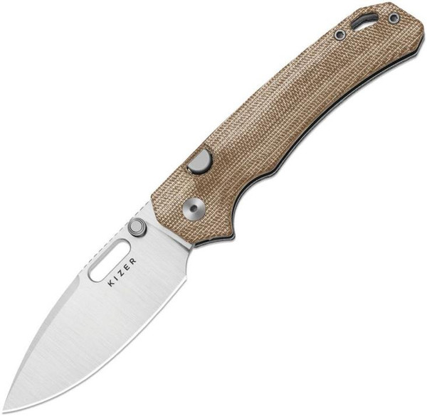 Outposter (Brown Micarta) Button Lock Pocket Knife [3.29" Satin Nitro-V] Kizer Cutlery V3802BDA1