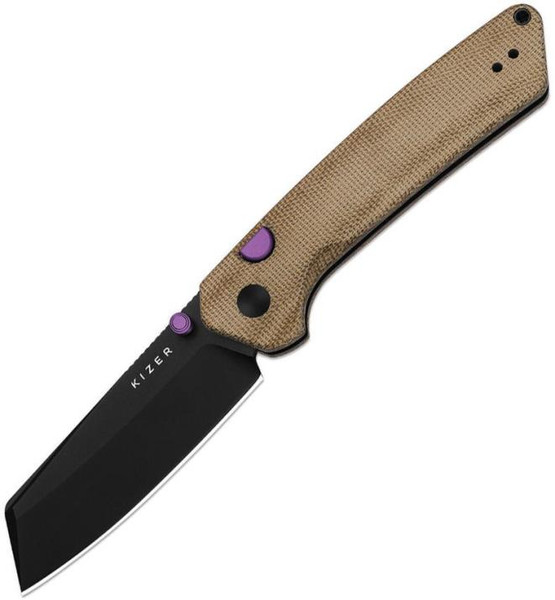Madrac (Brown Micarta) Button Lock Pocket Knife [3.05" Black PVD Coating 14C28N] Kizer Cutlery V3693BSA1