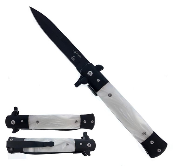 Falcon Stiletto (Faux White Marble) A/O Pocket Knife [9" Overall Black 440 Stainless Steel]