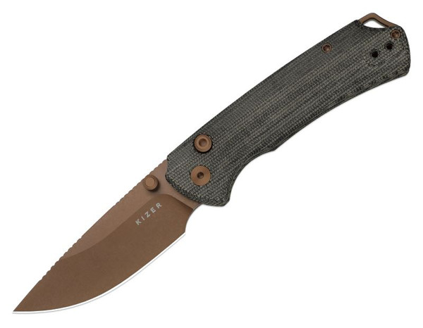 T1 BD (Norplex UltreX Micarta Gray) Button Liner Lock Pocket Knife [3.2" Sunset Metal PVD Nitro-V] Kizer Cutlery V3490.2BA2