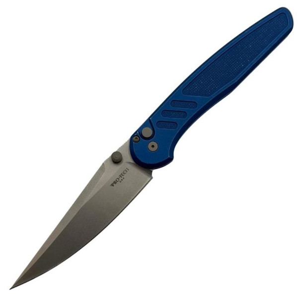 Pro-Tech Avalon Button Lock Knife Battleworn Knurled Blue Aluminum (4.25" Stonewash MagnaCut) PN1101-BW-BLUE