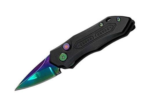 Atomic Mini Push Button (RAINBOW) Auto Pocket Knife #49 - Pure Blades