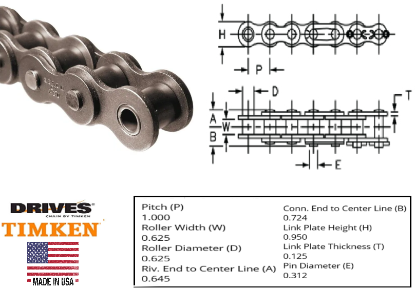 80 Timken Drives Roller Chain 10 Foot Roll 1" Pitch & 5/8" Width USA