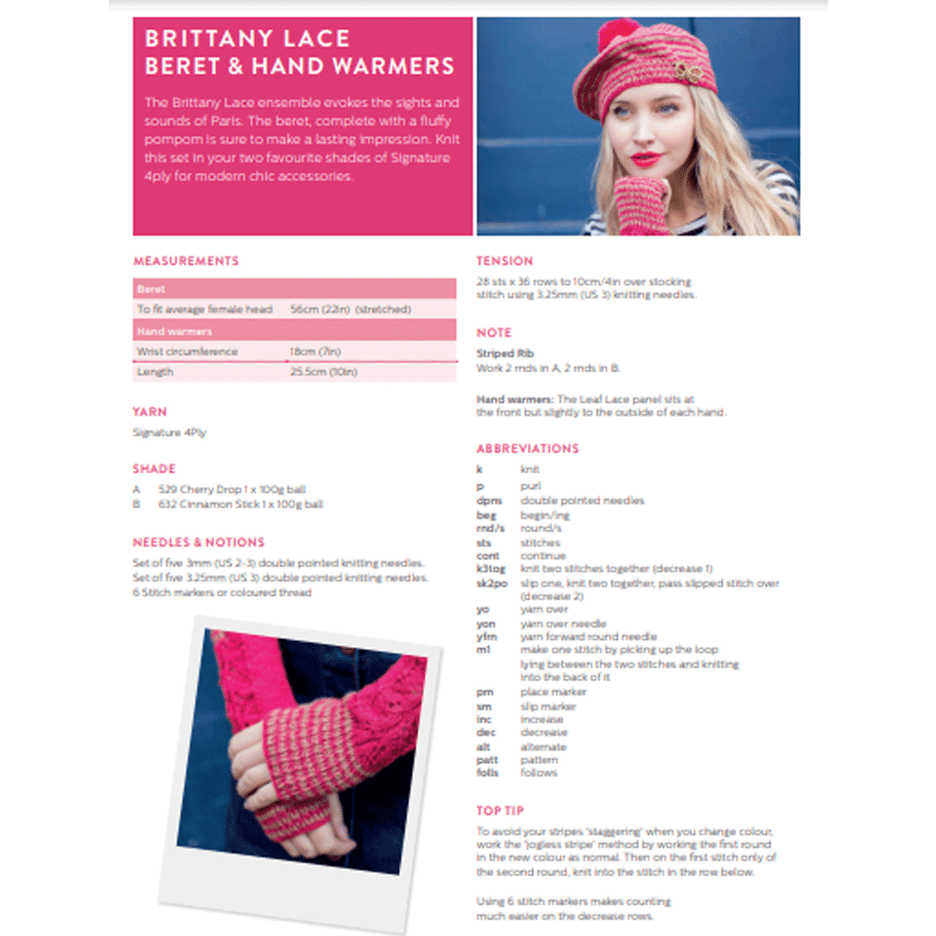 Women's Brittany Lace Beret and Handwarmers Knitting Pattern | WYS Signature 4 Ply Knitting Yarn | Digital Download - Pattern Information