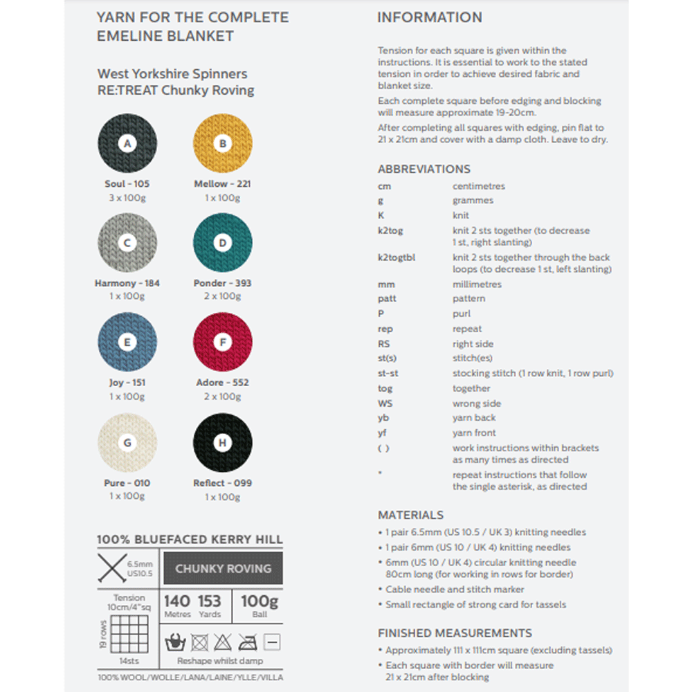 Emeline Mindful Blanket (Finishing Touches) Knitting Pattern WYS RE