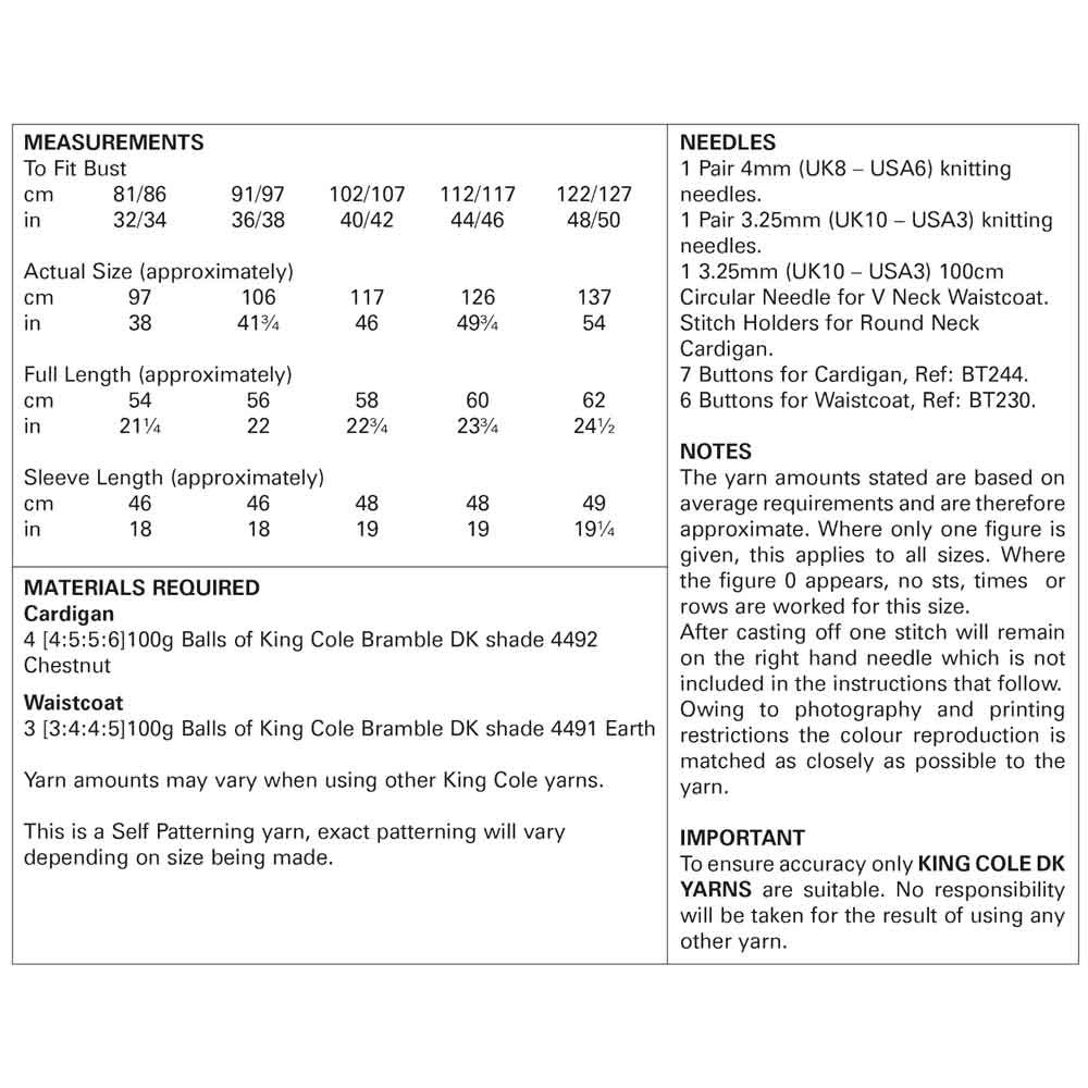 Ladies Cardigan and Waistcoat Knitting Pattern King Cole Bramble DK