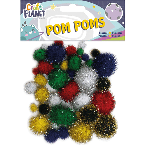 Assorted Sized and Coloured Glitter Pompoms | 42pcs | Craft Planet | Main Image