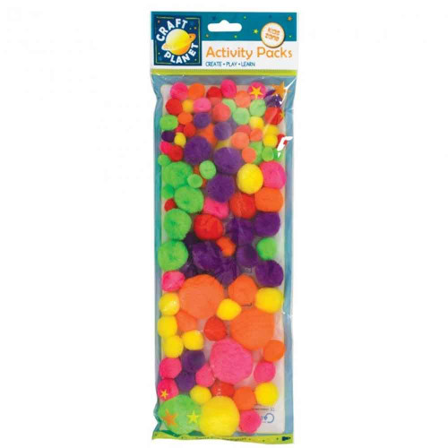 Assorted Sized and Neon Coloured Pompoms | 100pcs | Craft Planet