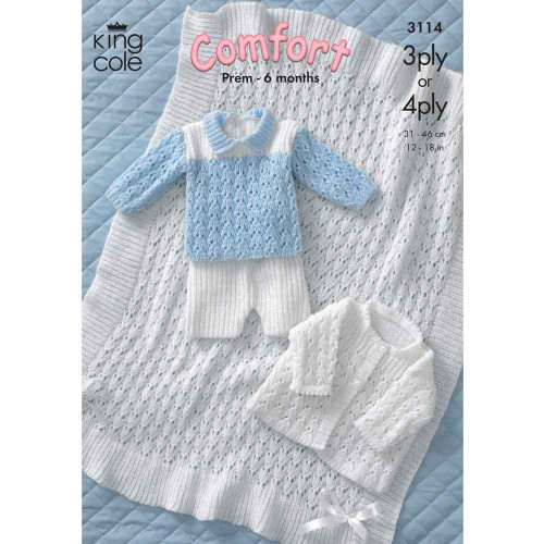 Baby Jacket, Sweater, Shorts and Shawl Knitting Pattern | King Cole Comfort 3 Ply or 4 Ply 3114 | Digital Download - Main Image