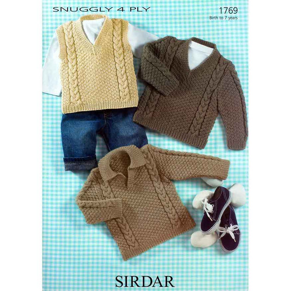 Cabled Sweaters and Slipover Vest Knitting Pattern | Sirdar Snuggly 4 Ply 1769 | Digital Download - Main Image