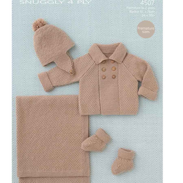 Boys' Coat, Helmet, Bootees and Blanket Knitting Pattern | Sirdar Snuggly 4 Ply 4507 | Digital Download - Main Image