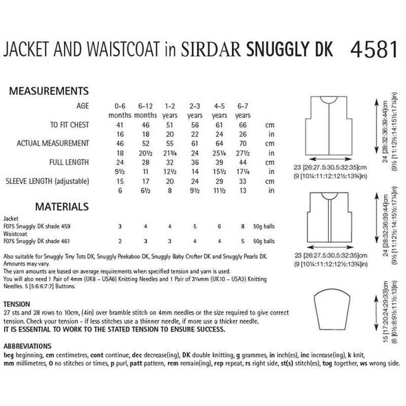 Jacket and Waistcoat Knitting Pattern | Sirdar Snuggly DK 4581 | Digital Download - Pattern Table