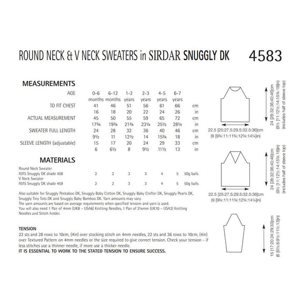 Round Neck and V Neck Sweaters Knitting Pattern | Sirdar Snuggly DK 4583 | Digital Download - Pattern Table
