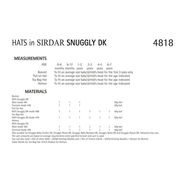 Baby/Children Hats Knitting Pattern | Sirdar Snuggly DK 4818 | Digital Download - Pattern Table