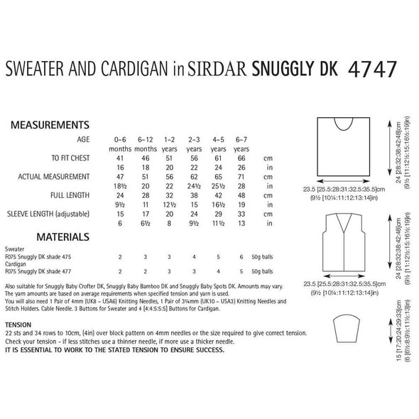 Sweater and Cardigan Knitting Pattern | Sirdar Snuggly DK 4747 | Digital Download - Pattern Table