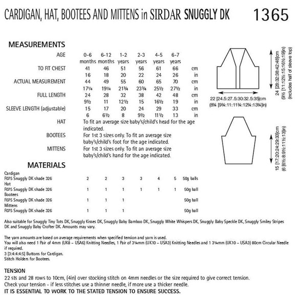Cardigan, Hat, Bootees and Mittens Knitting Pattern | Sirdar Snuggly DK 1365 | Digital Download - Pattern Table