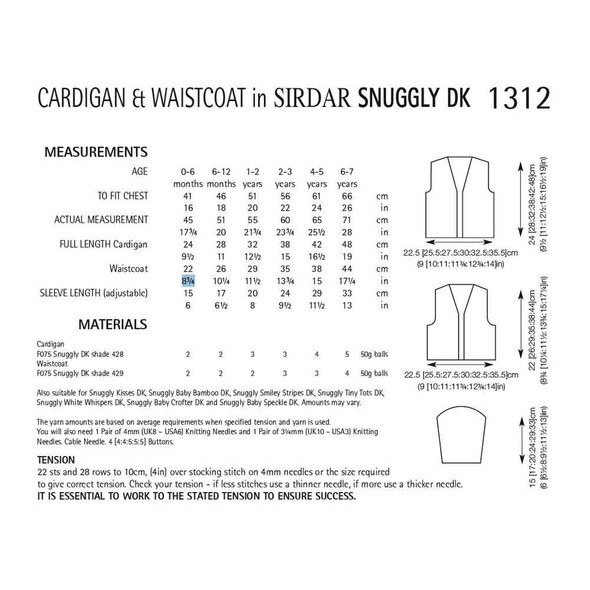 Baby/Children Cardigan and Waistcoat Knitting Pattern | Sirdar Snuggly DK 1312 | Digital Download - Pattern Table