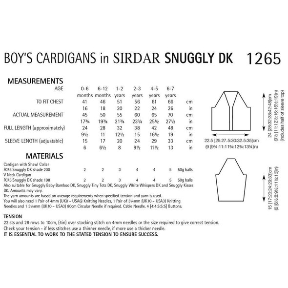 Boy's Cardigans Knitting Pattern | Sirdar Snuggly DK 1265 | Digital Download - Pattern Table