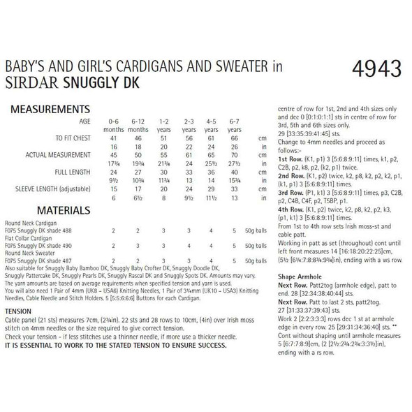 Girl's Cardigan and Sweater Knitting Pattern | Sirdar Snuggly DK 4943 | Digital Download - Pattern Table