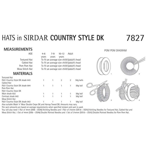 Hats Knitting Pattern | Sirdar Country Style DK 7827 | Digital Download - Pattern Table