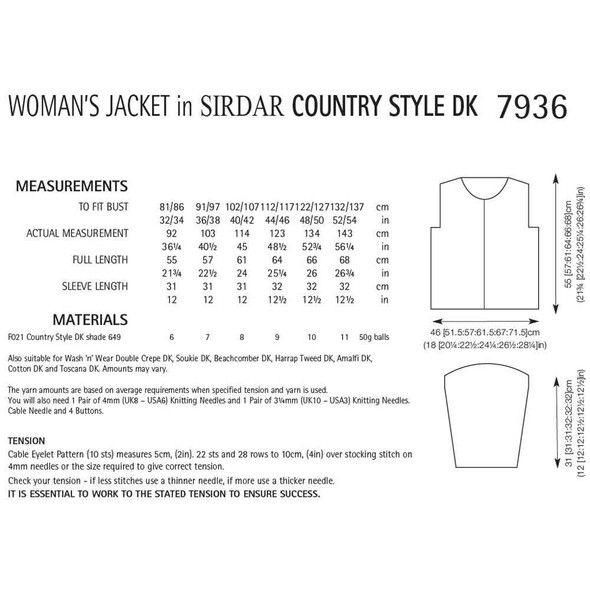 Woman's Jacket Knitting Pattern | Sirdar Country Style DK 7936 | Digital Download - Pattern Table