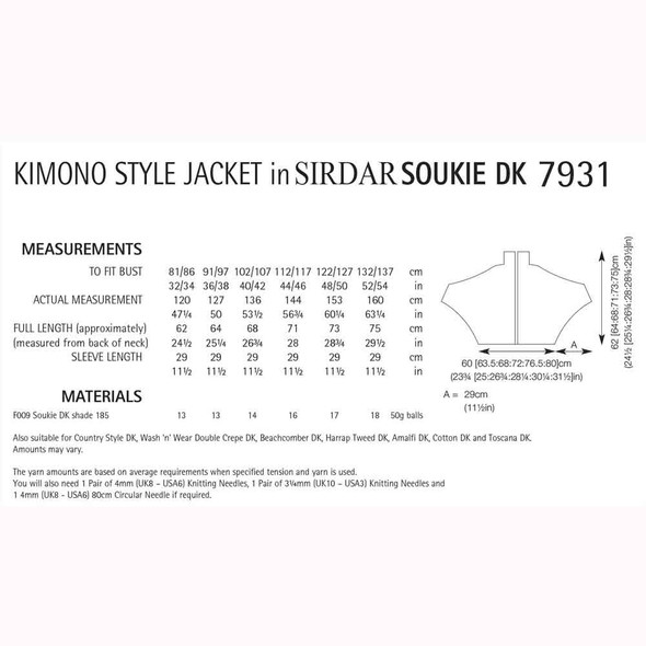 Kimono Style Jacket Knitting Pattern | Sirdar Soukie DK 7931 | Digital Download - Pattern Table
