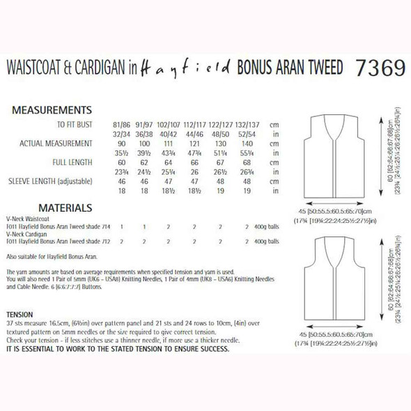 Waistcoat & Cardigan Knitting Pattern | Sirdar Hayfield Bonus Aran Tweed 7369 | Digital Download - Table Pattern