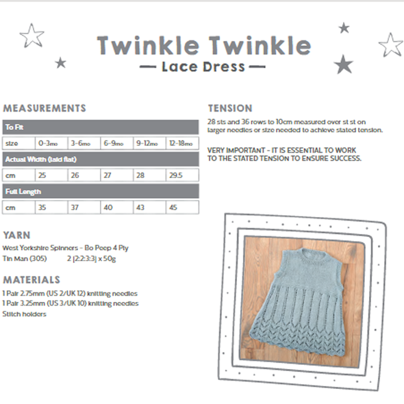 Twinkle Twinkle Lace Dress Knitting Pattern | WYS Bo Peep 4 Ply Knitting Yarn WYS98989 | Free Digital Download - Pattern Information