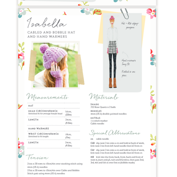 Isabella Cabled Bobble Hat & Warmers Knitting Pattern | WYS Illustriuos DK Knitting Yarn WYS98994 | Free Digital Download - Pattern Information