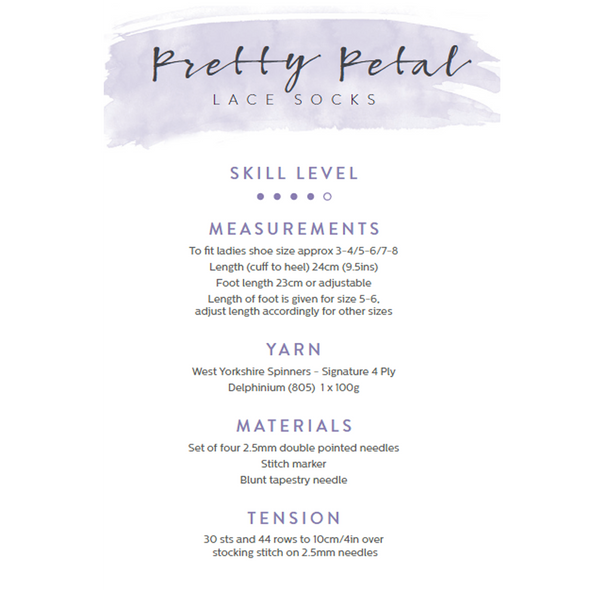Pretty Petal Lace Socks Knitting Pattern | WYS Signature 4 Ply Knitting Yarn WYS98979 | Free Digital Download - Pattern Information
