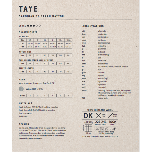 Taye Cardigan Knitting Pattern | WYS The Croft DK Knitting Yarn WYS98016 | Digital Download - Pattern Information