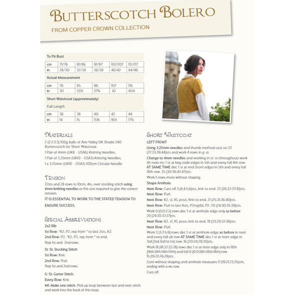 Butterscotch Bolero Knitting Pattern | Bluefaced Leicester Knitting Yarn WYS05996 | Free Digital Download - Pattern Information