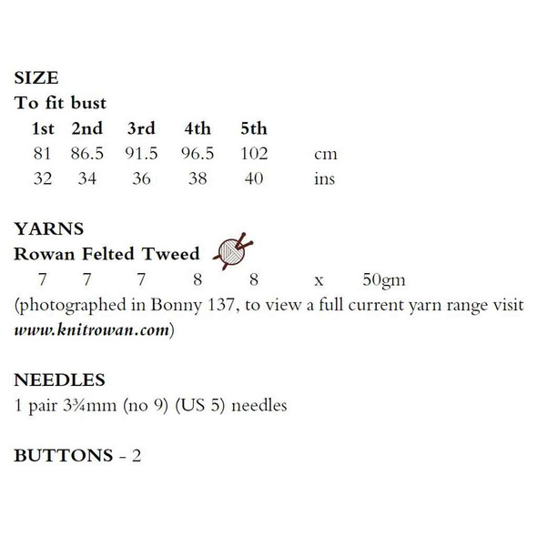 Rowan Mist Womens Cardigan & Sweater/Jumper Knitting Pattern in Felted Tweed | Digital Download (ROWEB-OFC11-6) - Size chart