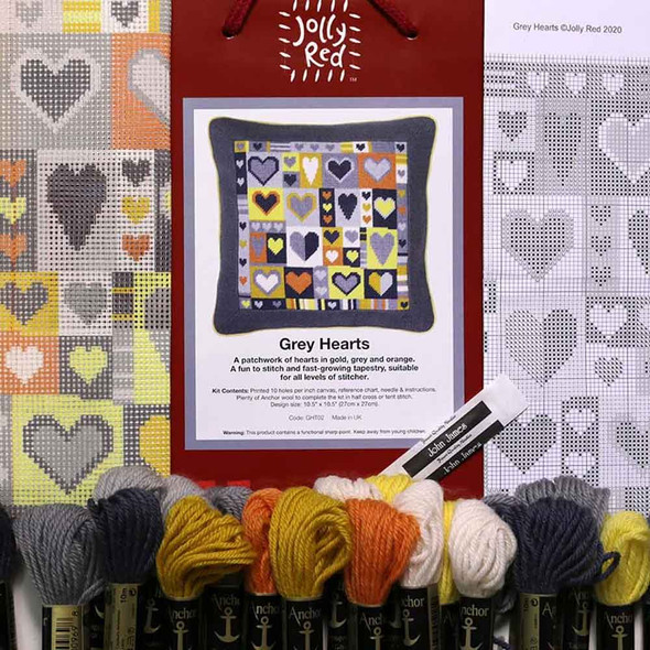 Grey Hearts Tapestry Kit | 10.5"x10.5" (27cm x 27cm) | Jolly Red - Contents