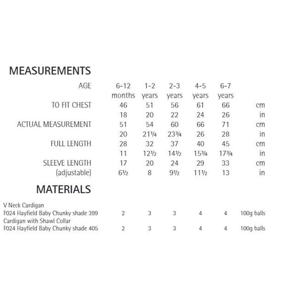 Cardigans Knitting Pattern | Sirdar Hayfield Baby Chunky 4535 | Digital Download - Pattern Table