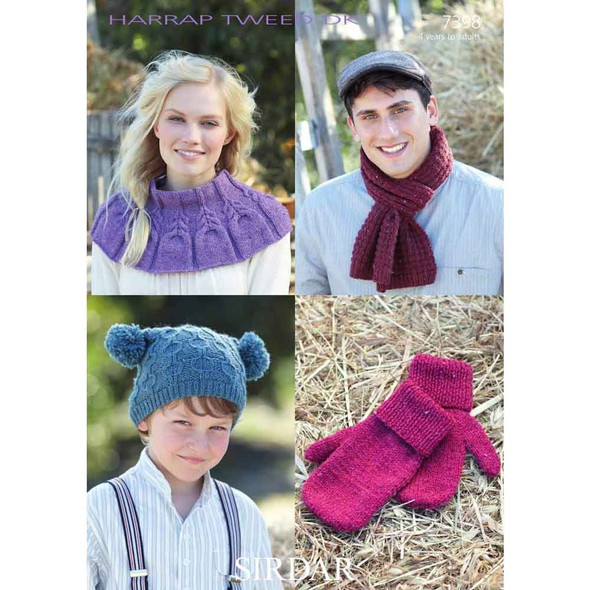 Sirdar Harrap Tweed DK Children and Adults Hat, Scarf, Snood and Mittens Knitting Pattern | 7398