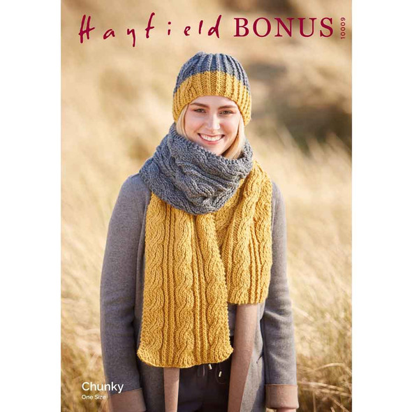 Hayfield Bonus Chunky Ladies Hat and Scarf Knitting Pattern | 10009