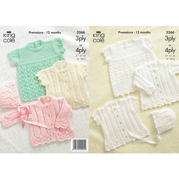 King Cole 3ply and 4ply Premature to 1 Year Babies Cardigans, Bonnet and Angel Top Knitting Pattern | 3366