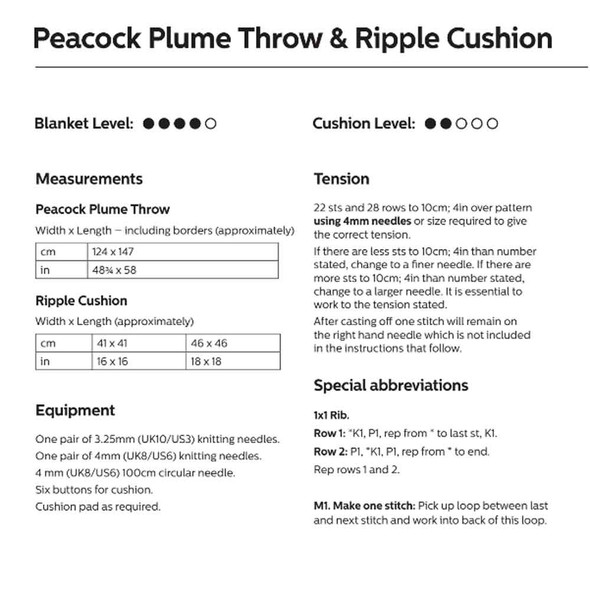 Peacock Plume Throw & Ripple Cushion Knitting Pattern | WYS Bluefaced Leicester DK Knitting Yarn DBP0137 | Digital Download - Pattern Information