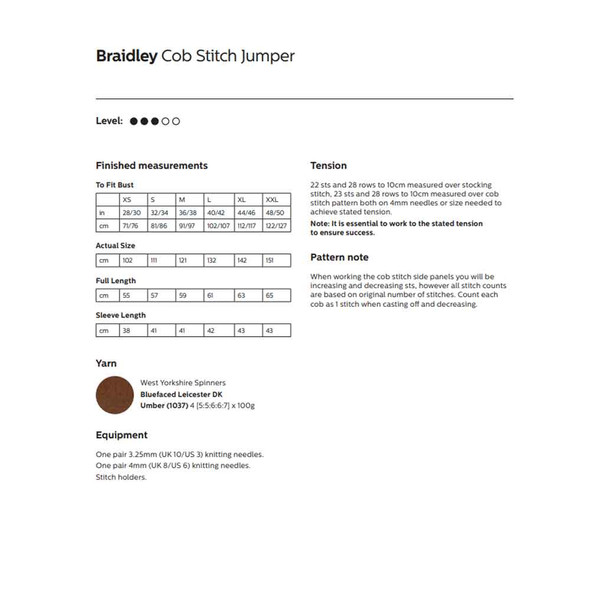 Braidley Cob Stitch Jumper Knitting Pattern | WYS Bluefaced Leicester DK Knitting Yarn DBP0174 | Digital Download - Pattern Information