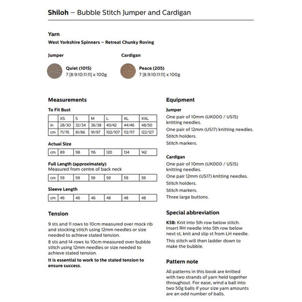 Shiloh Bubble Stitch Jumper and Cardigan Knitting Pattern | WYS Retreat Chunky Roving Knitting Yarn DBP0184 | Digital Download - Pattern Information