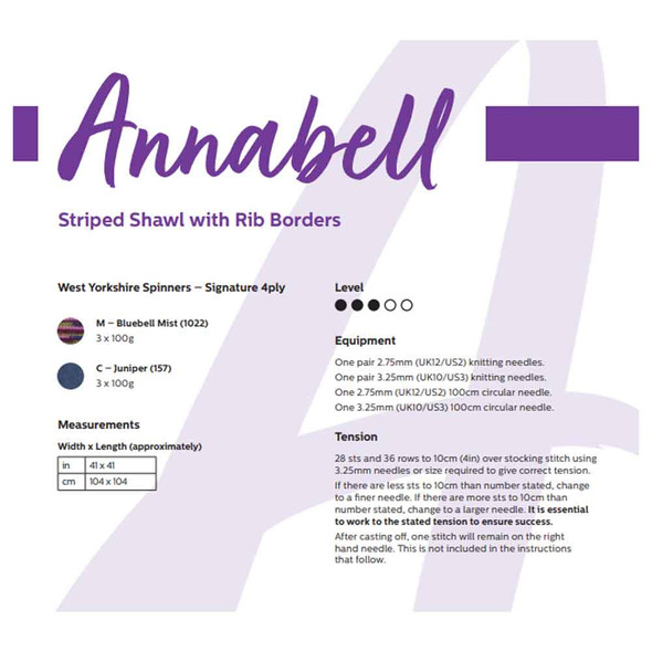 Annabell Striped Shawl with Rib Borders Knitting Pattern | WYS Signature 4ply Knitting Yarn DBP0203 | Digital Download - Pattern Information