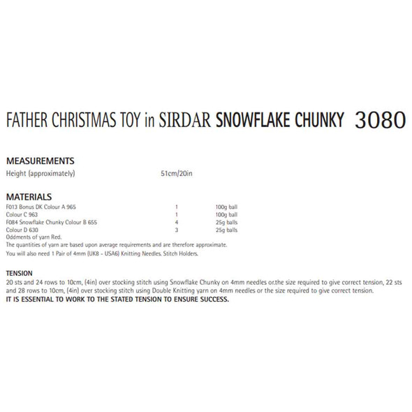 Father Christmas Toy Knitting Pattern | Sirdar Snuggly Snowflake Chunky 3080 | Digital Download - Pattern Table