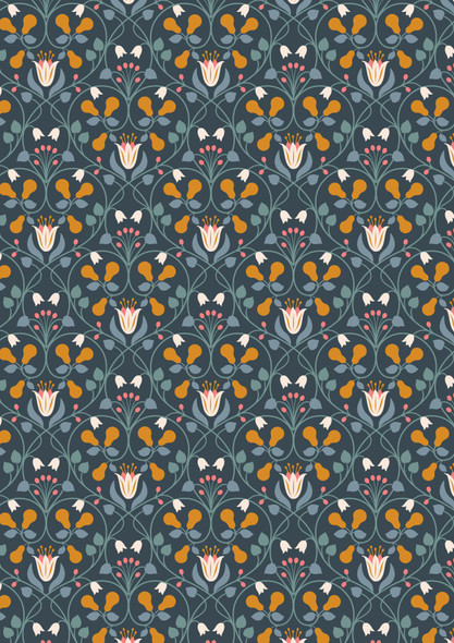 Wintertide | Lewis and Irene Fabric | A586.3 | Pear Hearts on Dark Blue with Copper Metallic