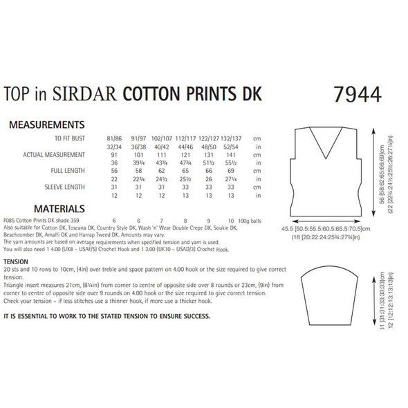 Woman's Tops Knitting Pattern | Sirdar Cotton Prints DK 7944 | Digital Download  - Pattern Table