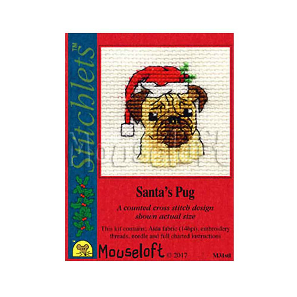 Santa's Pug | Stitchlets Cross Stitch Kits with Card | Mouseloft