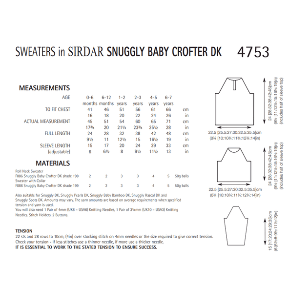 Boy's Sweater Knitting Pattern | Sirdar Snuggly Baby Crofter DK 4753 | Digital Download - Pattern Information
