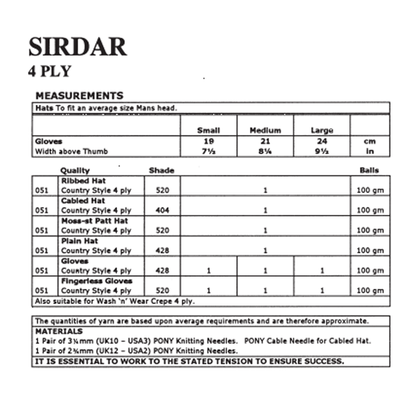 Men's Hats and Gloves Knitting Pattern | Sirdar Country Style 4 Ply 8311 | Digital Download - Pattern Information