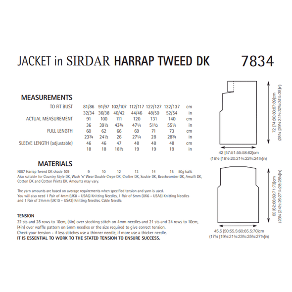 Womens Jacket Knitting Pattern | Sirdar Harrap Tweed DK 7834 | Digital Download - Pattern Information